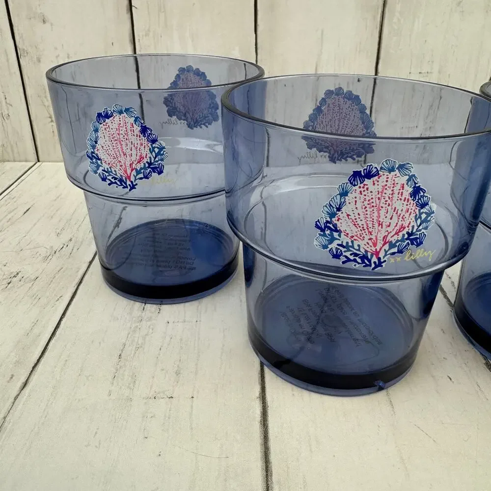 NWOB 4- Lilly Pulitzer Blue/Print Acrylic Boatylicious Beach Stackable Cup Set